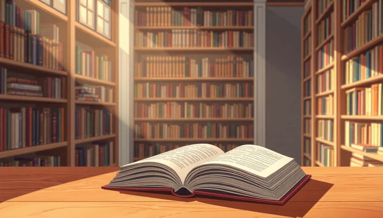 An open book on a wooden table under warm lighting, with bookshelves in the background, creating a serene and inviting atmosphere.