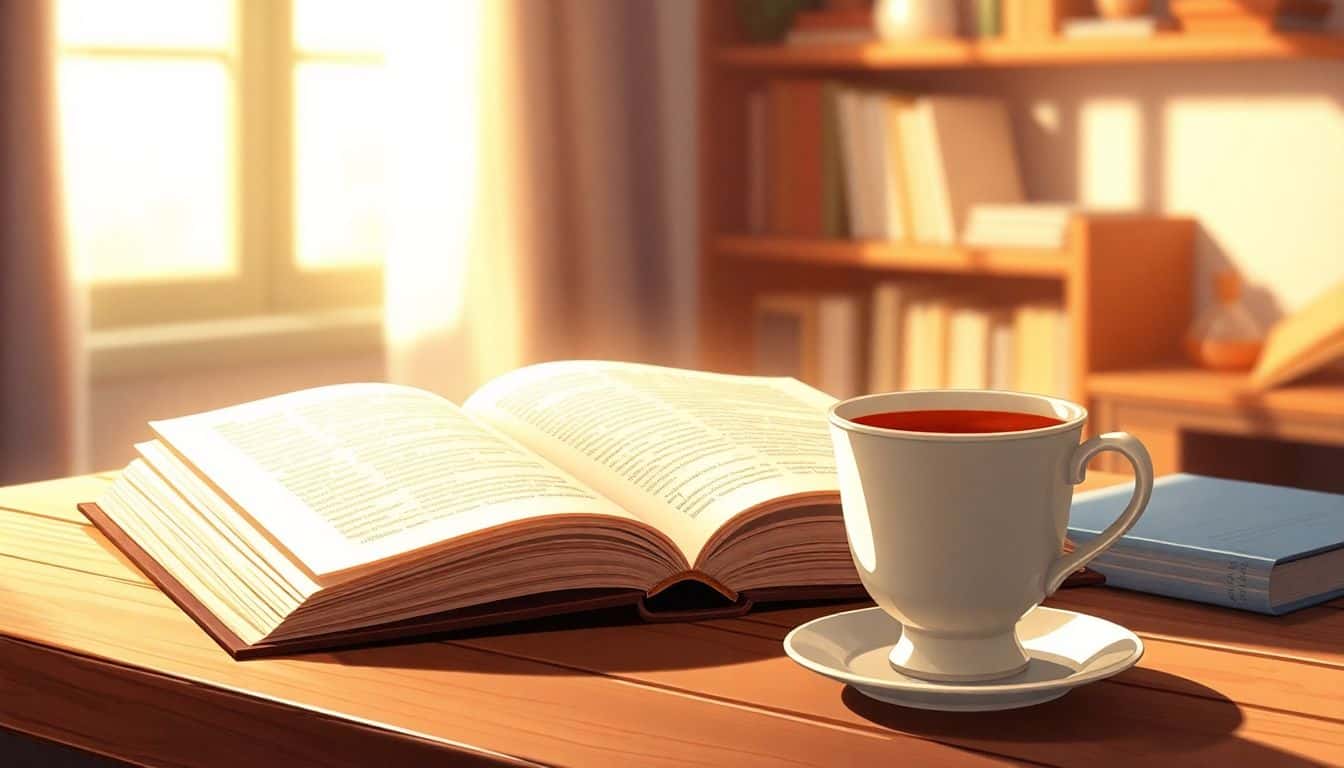 An open book with glowing pages rests on a wooden table beside a warm cup of tea, with soft light filtering in from a nearby window, set in a cozy, subtly blurred room.