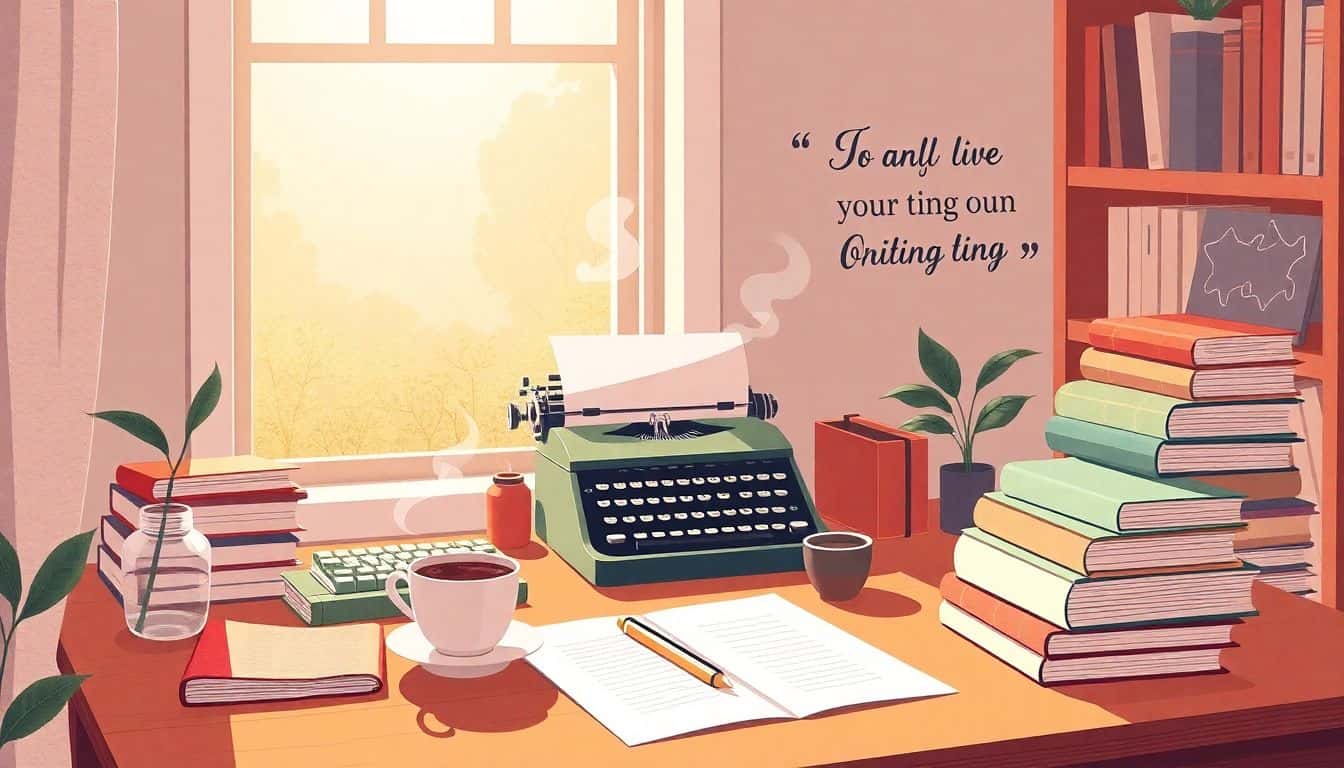Cozy writing space with a vintage typewriter, a stack of books, and a steaming cup of coffee on a desk, illuminated by soft sunlight through a window, with a motivational quote on the wall and subtle silhouettes of speech bubbles representing an online community in the background.