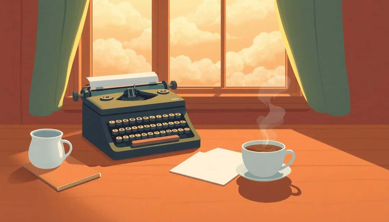 A cozy writing nook featuring a vintage typewriter on a wooden desk, a steaming cup of coffee, and warm golden light streaming through a window with soft clouds outside.