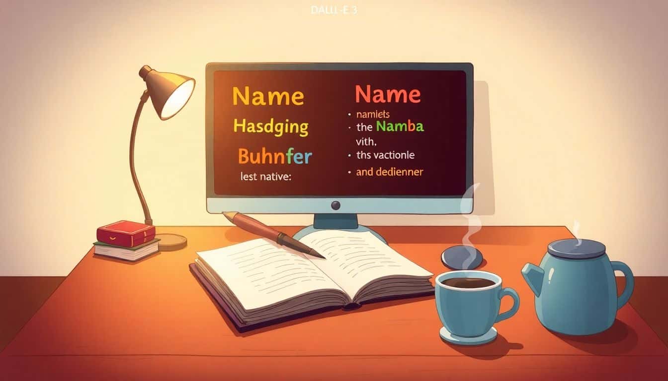 A vintage desk with an open notebook and quill pen, a computer screen showing colorful name suggestions, and a steaming cup of coffee, all surrounded by soft glowing light in a minimalistic, soothing environment.