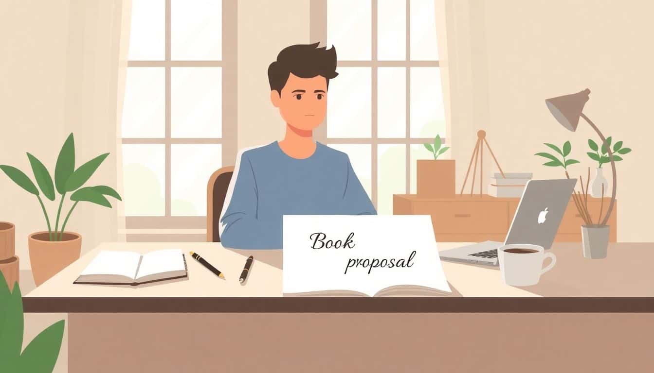 A serene workspace with a writer at a desk, a notebook, a laptop, and a cup of coffee, illuminated by soft sunlight through a large window, featuring a visible paper that reads "Book Proposal."