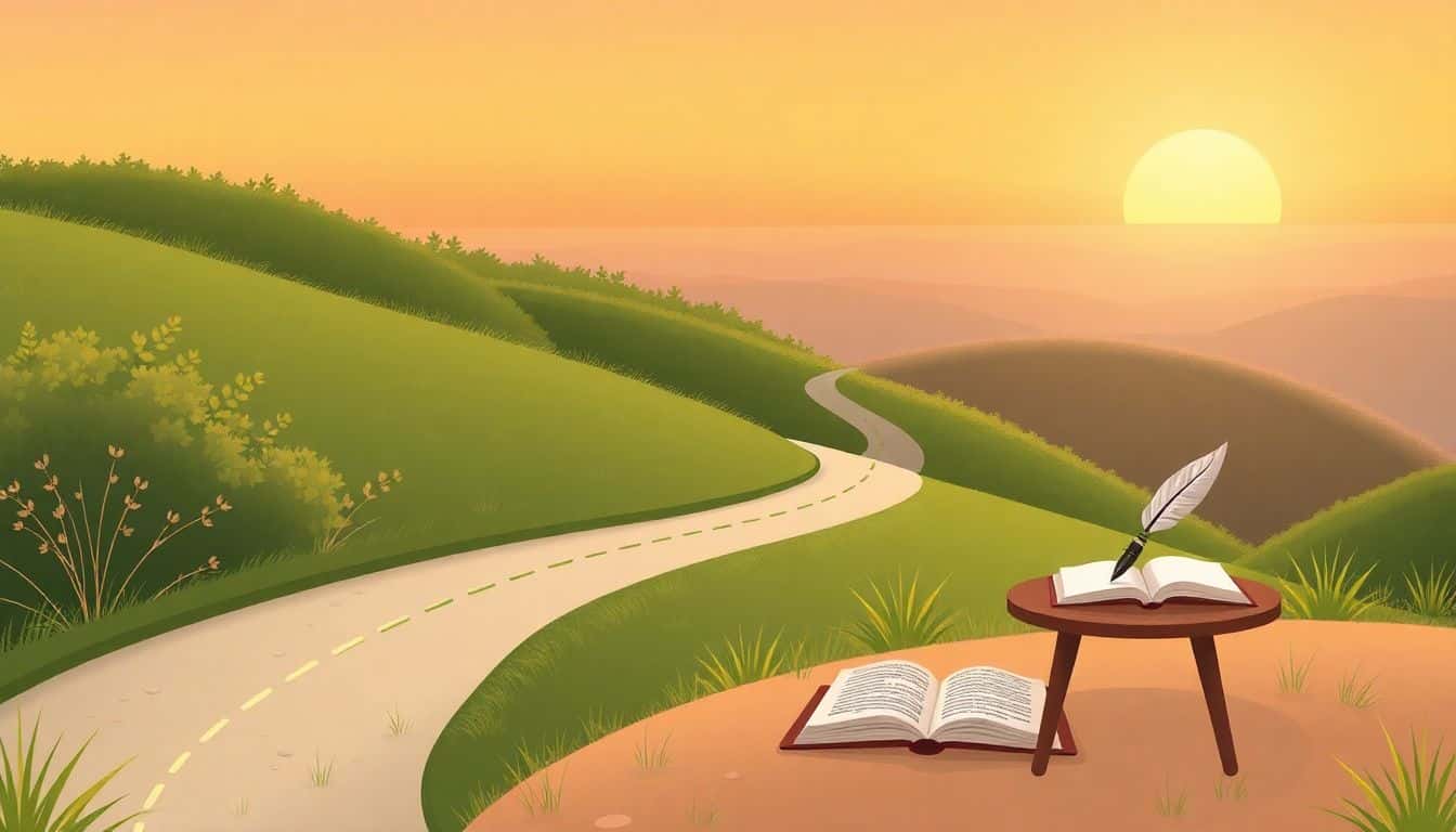 Illustration of a winding roadmap through a lush landscape, with a quill pen and open book on a wooden table beside the path, set against a gentle sunset horizon in warm colors.
