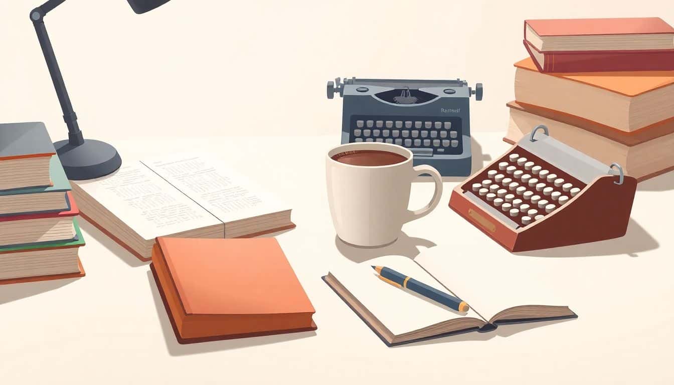 Illustration of a serene desk scene featuring a beautifully crafted coffee cup at the center, surrounded by a stacked pile of books, a vintage typewriter, and an open notebook with a pen, all set against a soft, minimalistic background with calming lighting.