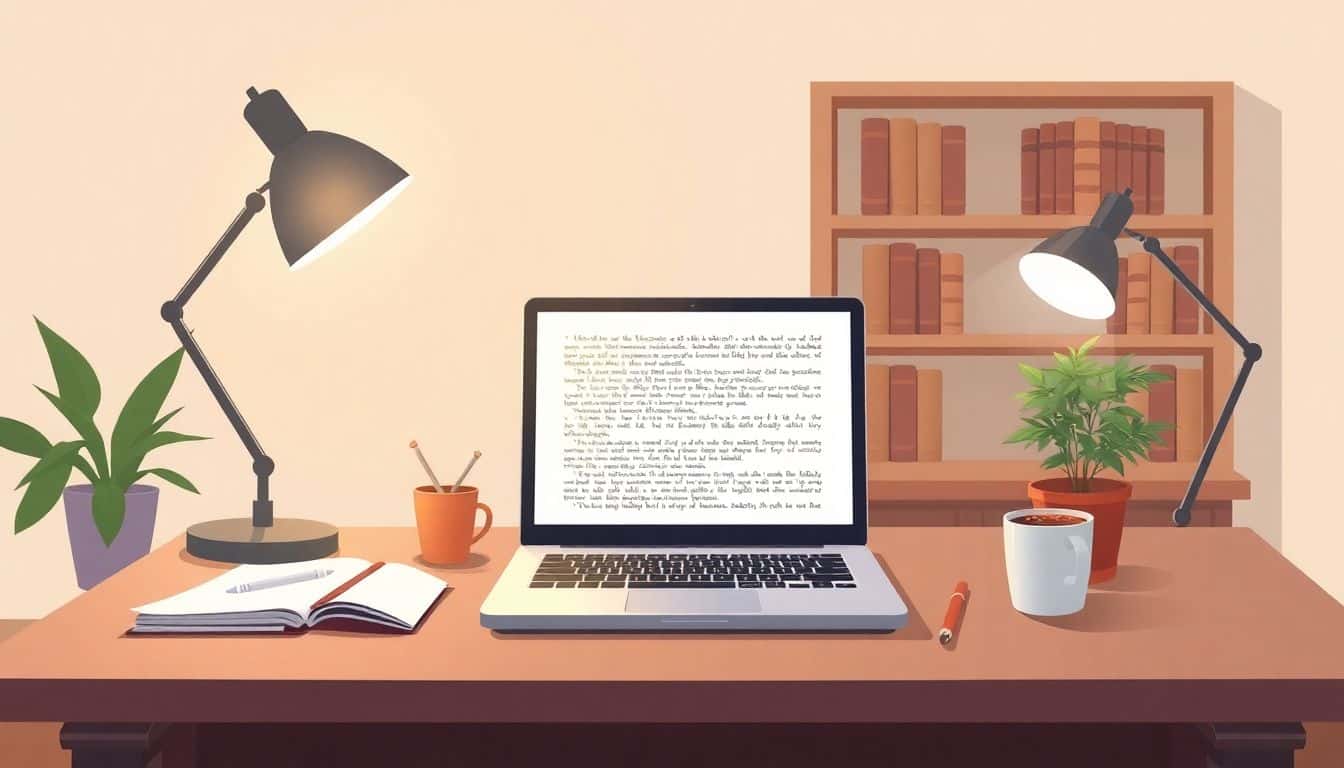 A cozy writer's desk with an open laptop displaying story pages, a notepad, a cup of coffee, and a small potted plant, surrounded by a softly lit room, a bookshelf of classic novels, and a glowing desk lamp.