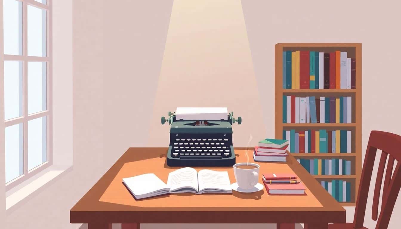 Cozy writing nook featuring a vintage typewriter on a wooden table, surrounded by stacked books and a steaming cup of coffee, with soft sunlight from a window and a bookshelf in the background.