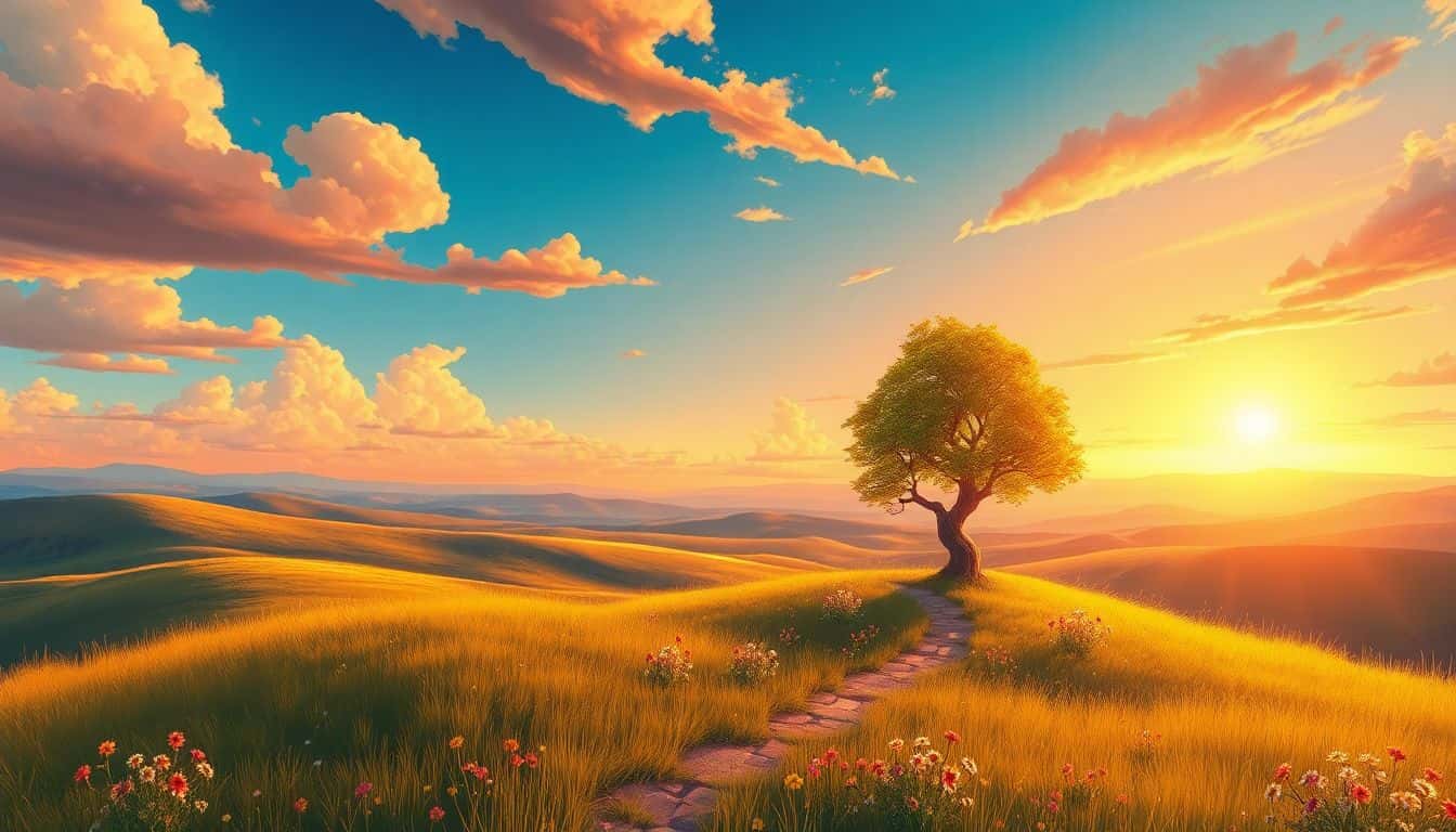 Fantasy landscape with rolling hills, a whimsical tree on a grassy knoll, a winding path through wildflowers, and a vibrant sunset sky.