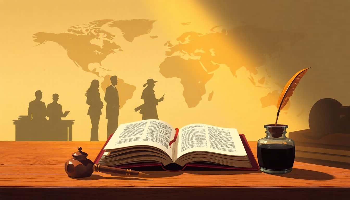 Open vintage book on a wooden desk with a quill pen and inkpot, illuminated by warm light; silhouettes of agents and publishers in the background, with a faint world map integrated, representing the journey of a writer in historical fiction.