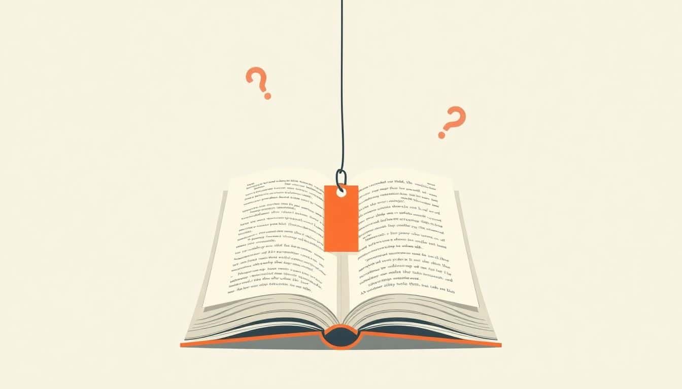 An open book with a price tag hanging from it, surrounded by a thinking silhouette and question marks, set against a minimalist, calming background in soft colors.