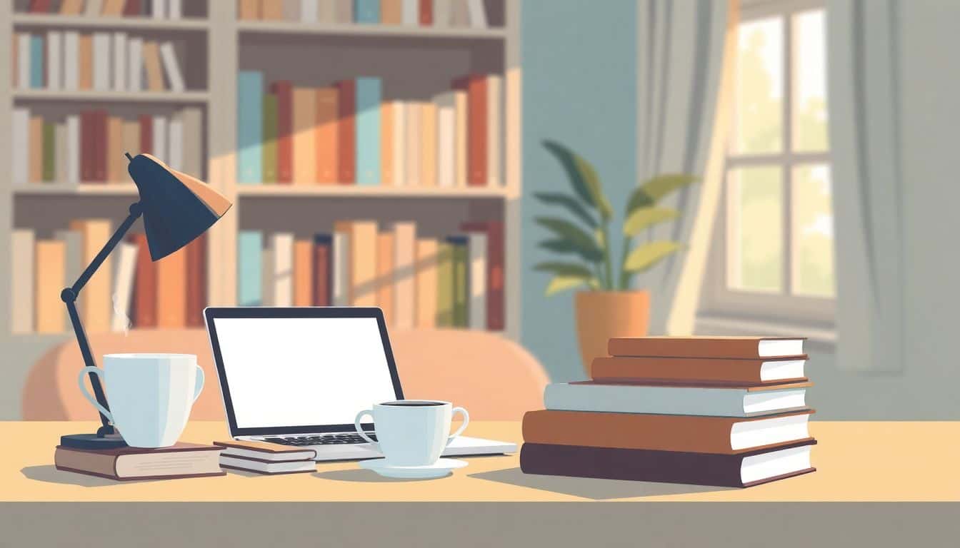 Cozy workspace with an organized desk featuring an open laptop on a publishing platform, a steaming cup of coffee, stacked book covers, a soft bookshelf filled with books, and warm light from a nearby window.