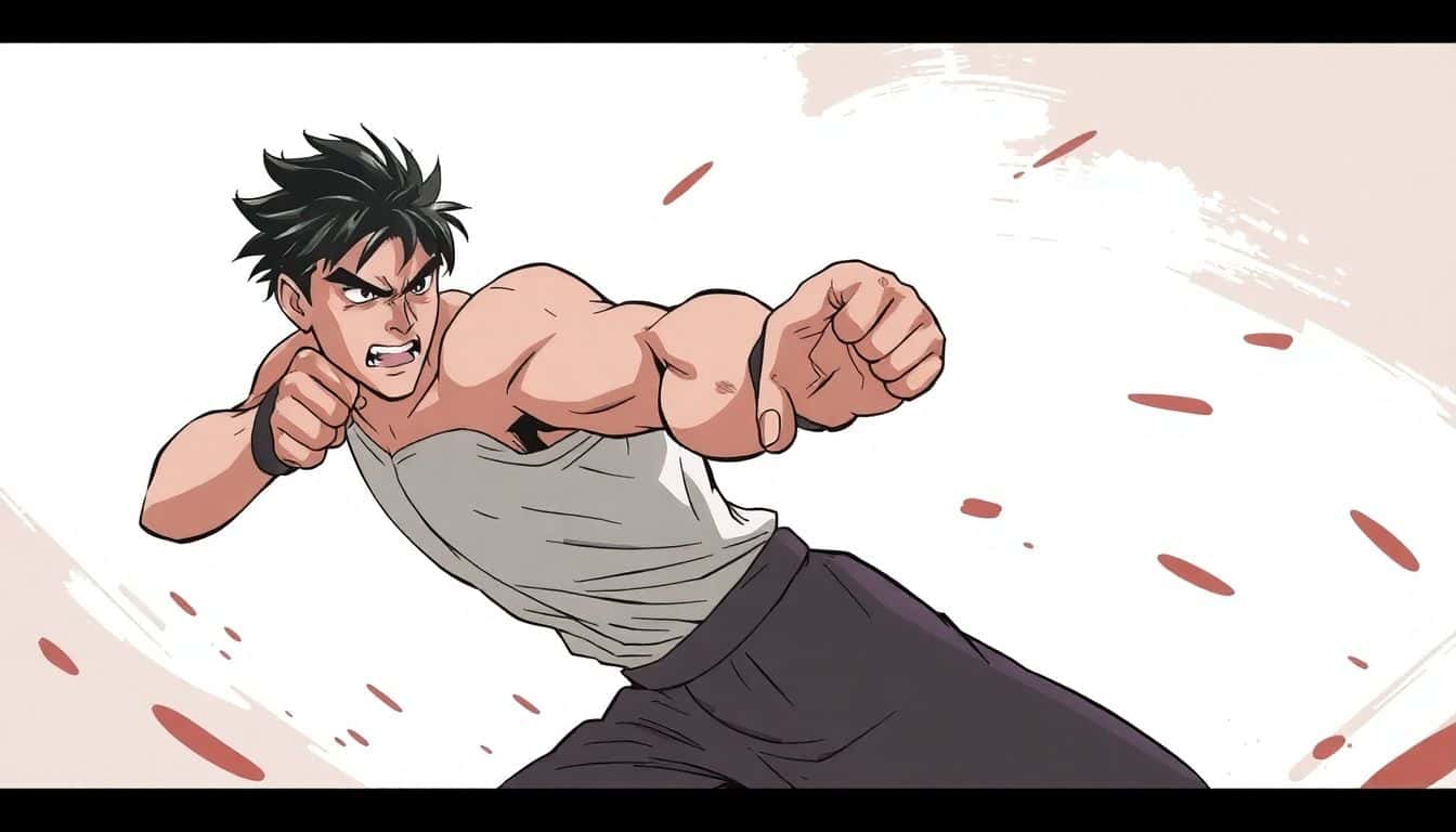 A fighter delivering a powerful punch with intense emotion, set against a simple abstract background that conveys movement and tension, using a limited color palette and soft lighting.