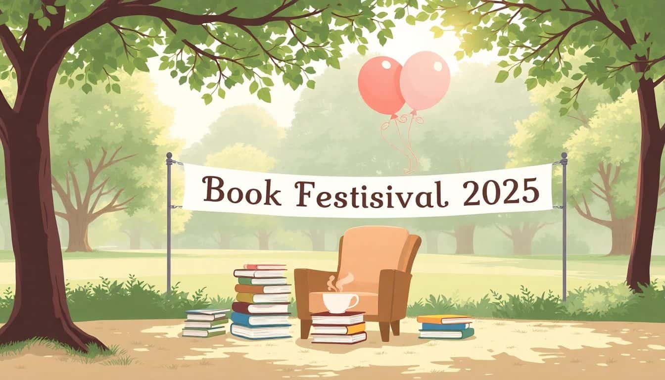Cozy reading nook in a sunny outdoor park with a comfortable chair, stacked books, and a steaming cup of tea, surrounded by tree branches, a "Book Festival 2025" banner, and decorative balloons.