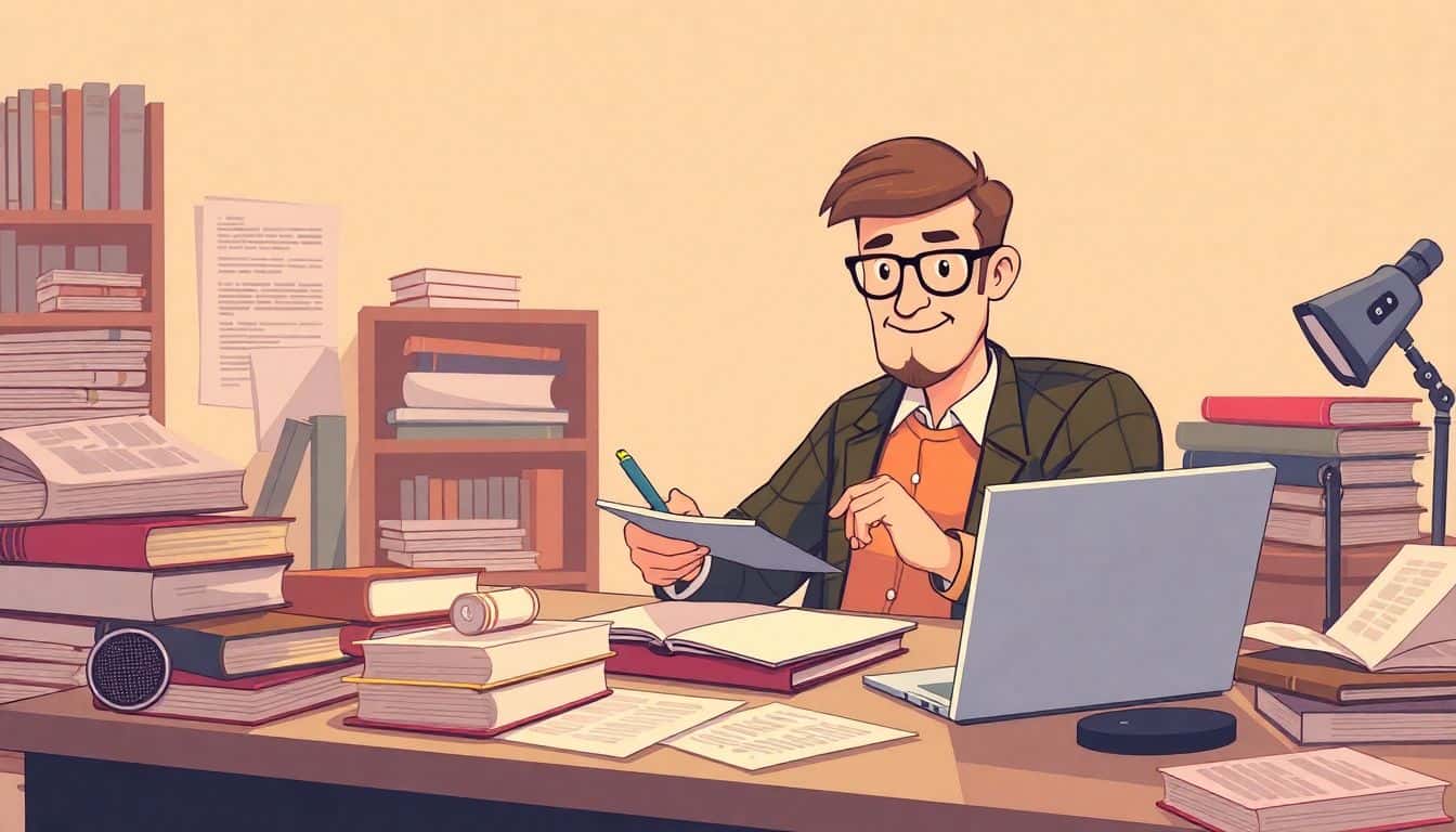 Illustration of a wise, approachable media expert sitting at a cluttered desk with books and a laptop, jotting down notes. Surrounding them are visual metaphors like newspapers and microphones, with a warm, inviting background and soft lighting, conveying a calm atmosphere focused on helping authors gain media coverage.
