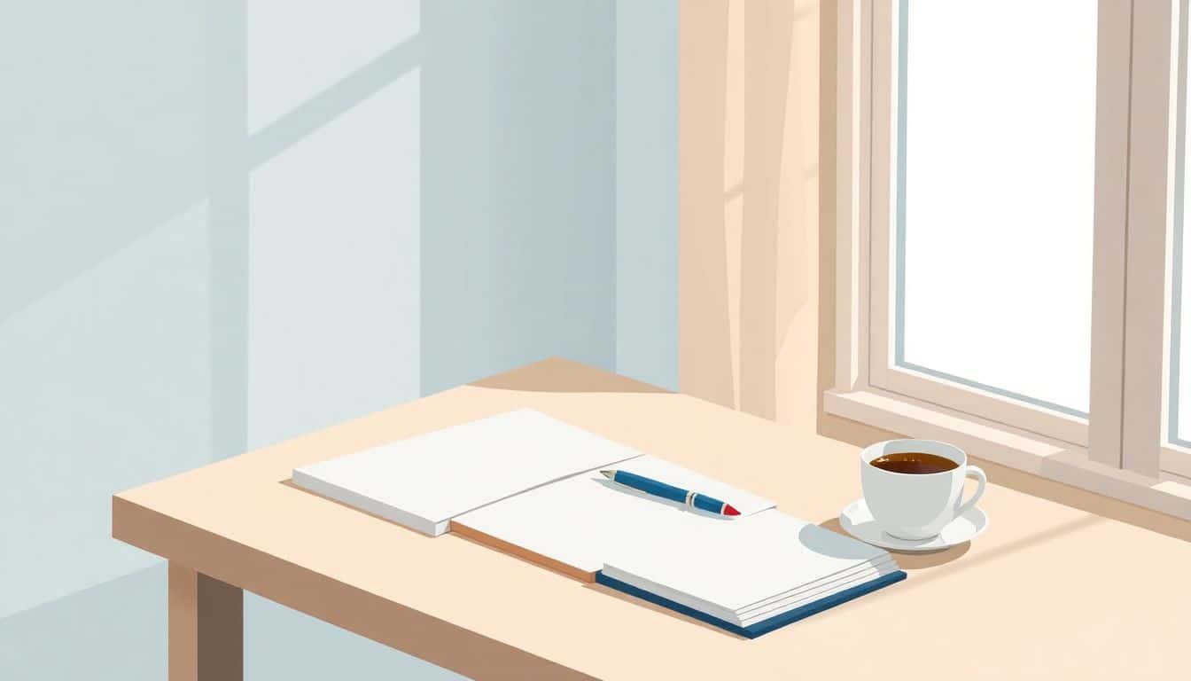 Serene workspace with a minimalist writing desk, open notebook, sleek pen, and a cup of coffee, bathed in natural light with soft blue and beige tones.