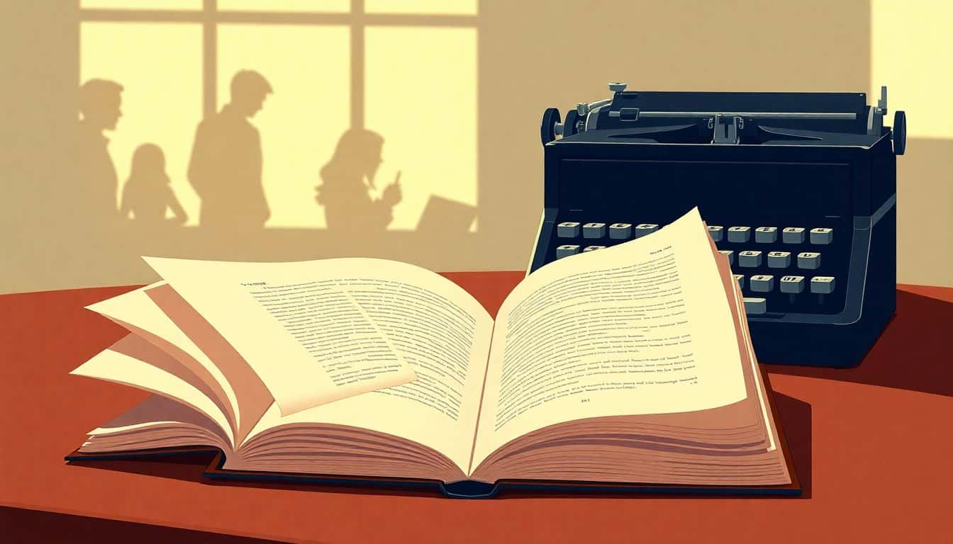 Illustration of an open book on a table with fluttering pages, an old-fashioned typewriter beside it, and faint silhouettes of characters in the background, conveying the transformation of a novel into a screenplay.