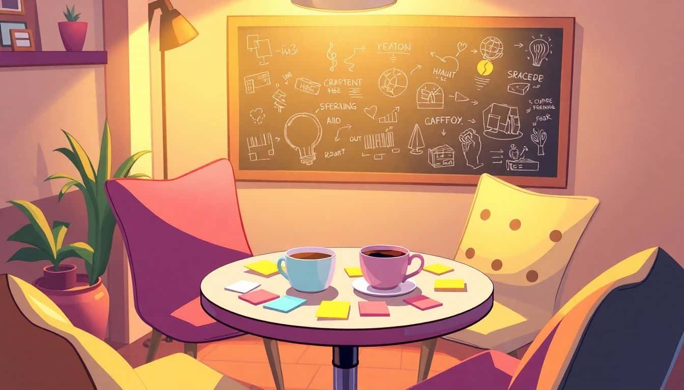 A cozy brainstorming session at a round table with a steaming cup of coffee and colorful sticky notes, illuminated by soft warm lighting, with a minimalistic chalkboard in the background displaying sketches and ideas.
