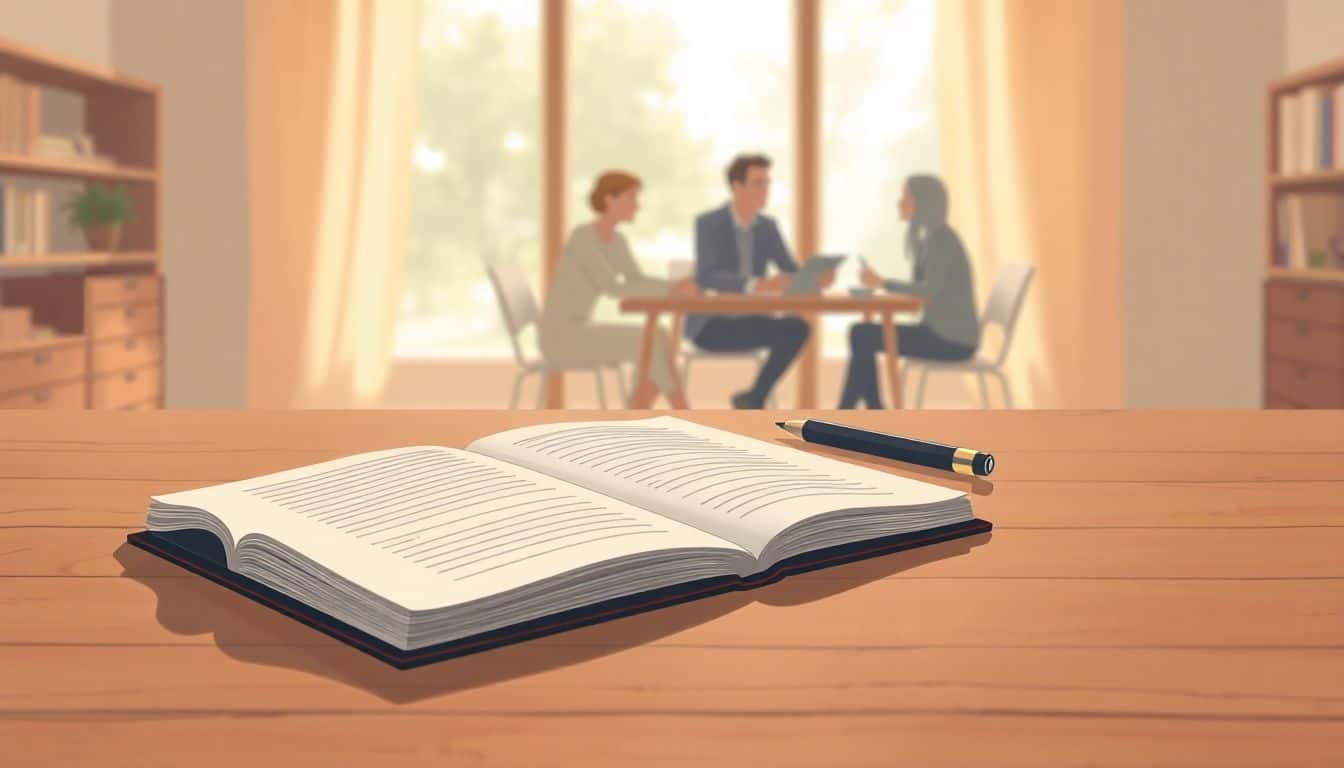 An open notebook and pen on a wooden table with blurred figures discussing in the background, illuminated by warm light.