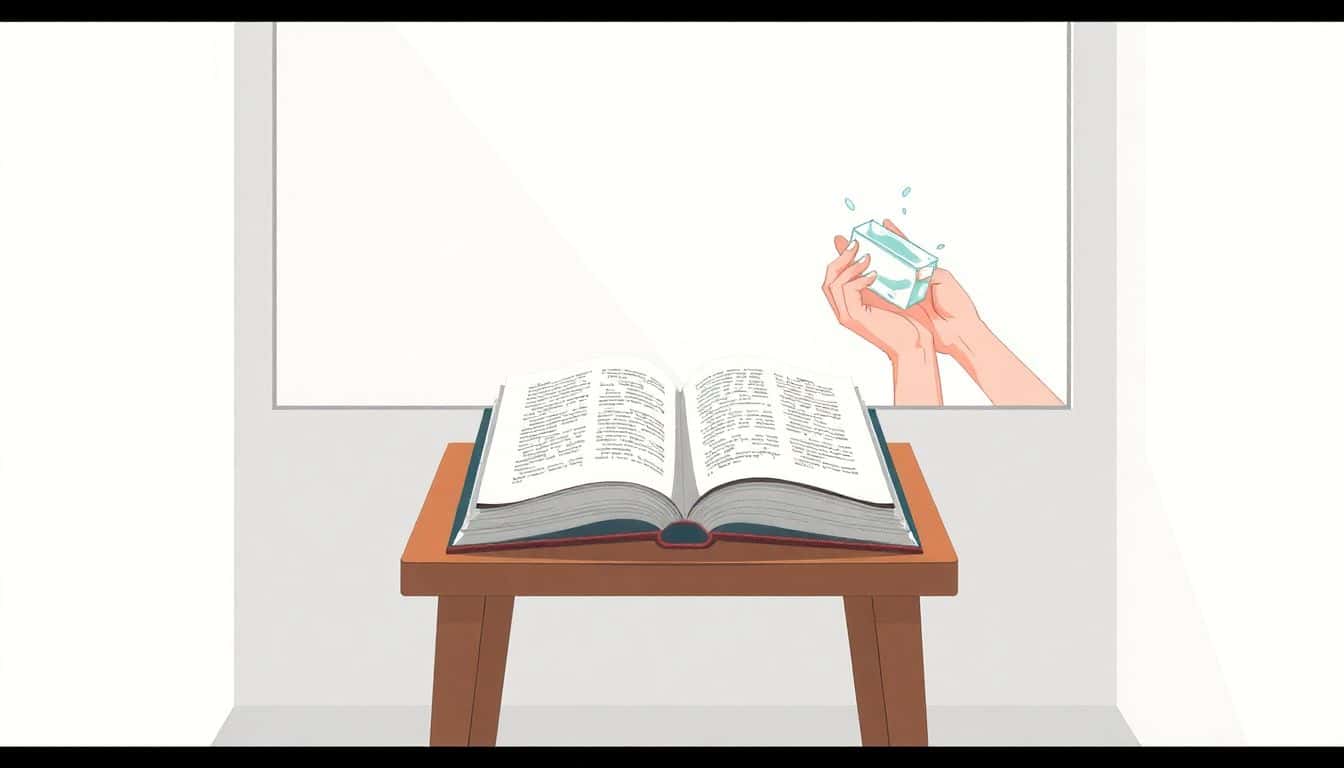 Minimalist illustration of a cozy reading nook with an open book on a wooden table, illuminated by sunlight, and a pair of hands holding a slippery bar of soap in the background.