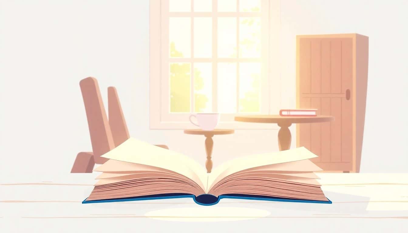 Cozy reading nook with an open book, fluttering pages, a cup of tea on a table, and scattered bookmarks, illuminated by soft natural light from a window.