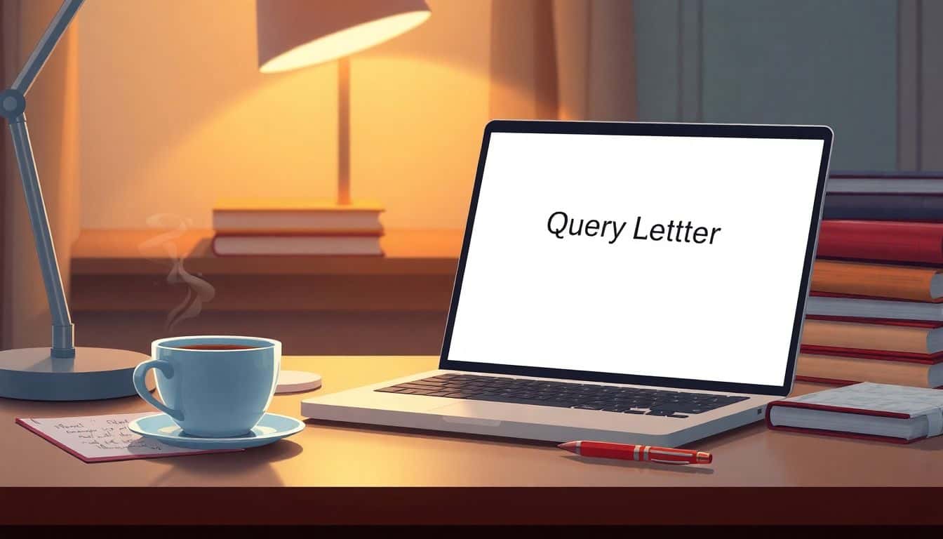 A writing desk with a softly glowing laptop displaying a blank document titled "Query Letter," a steaming cup of coffee, a pile of writing books, and a notepad with scribbled notes and a pen, all under warm lighting.