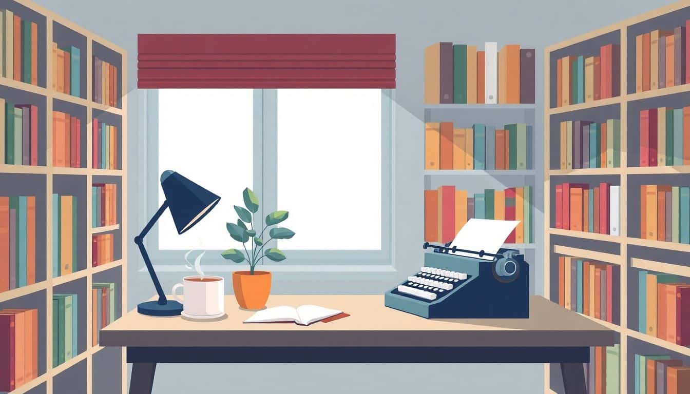 A cozy writing nook featuring a small desk with a typewriter and a steaming cup of coffee, surrounded by colorful bookshelves and a potted plant.