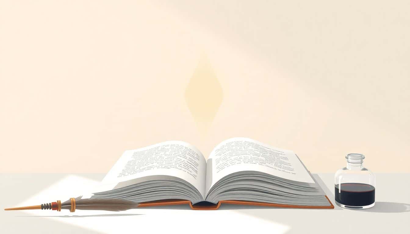 An open book with fluttering pages, a quill and inkwell nearby, surrounded by soft light and faint outlines of glowing reviews or stars above it against a calming background.