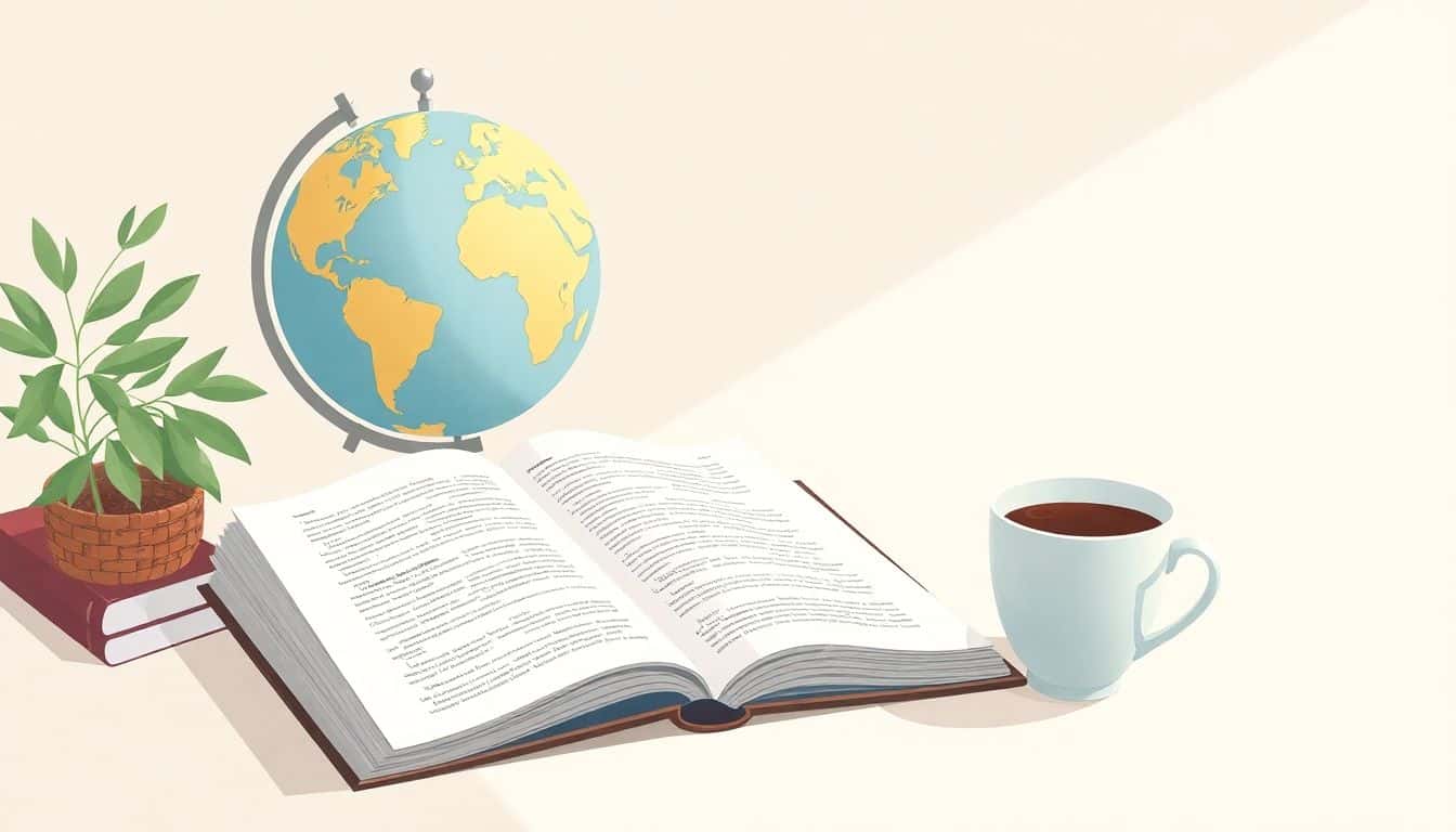 A serene desk with an open book, a globe, and a cup of coffee, set against a minimalistic background in soft colors, representing the journey of selling foreign book rights.