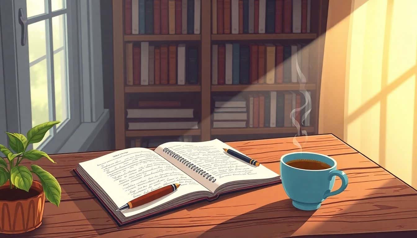 A cozy wooden desk with an open notebook containing handwritten poetry, a vintage fountain pen, and a steaming cup of tea, bathed in soft sunlight from a nearby window; a bookshelf filled with poetry books in the background.