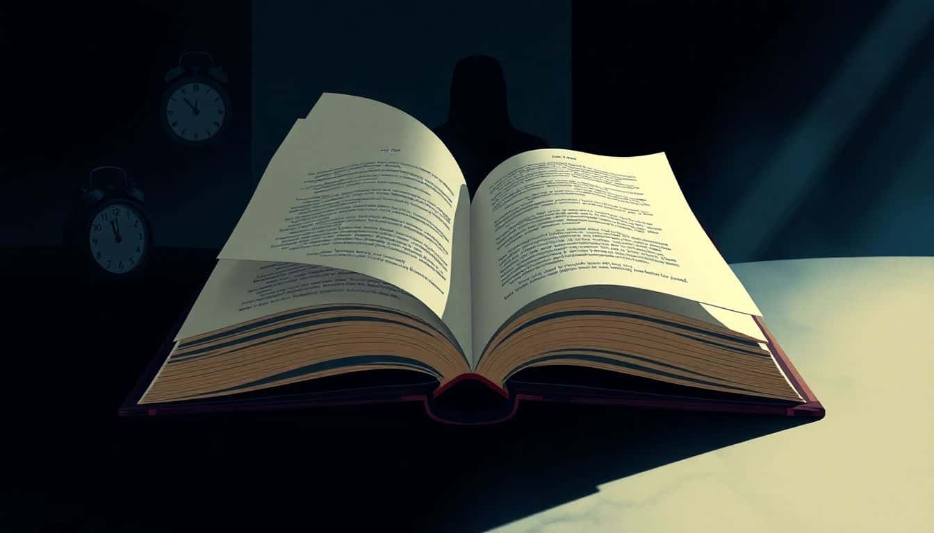 An open book with fluttering pages in a dark setting, soft shadows hinting at unseen characters, a ticking clock, and a shadowy figure peeking from behind, evoking intrigue and anticipation with deep blues and rich blacks.