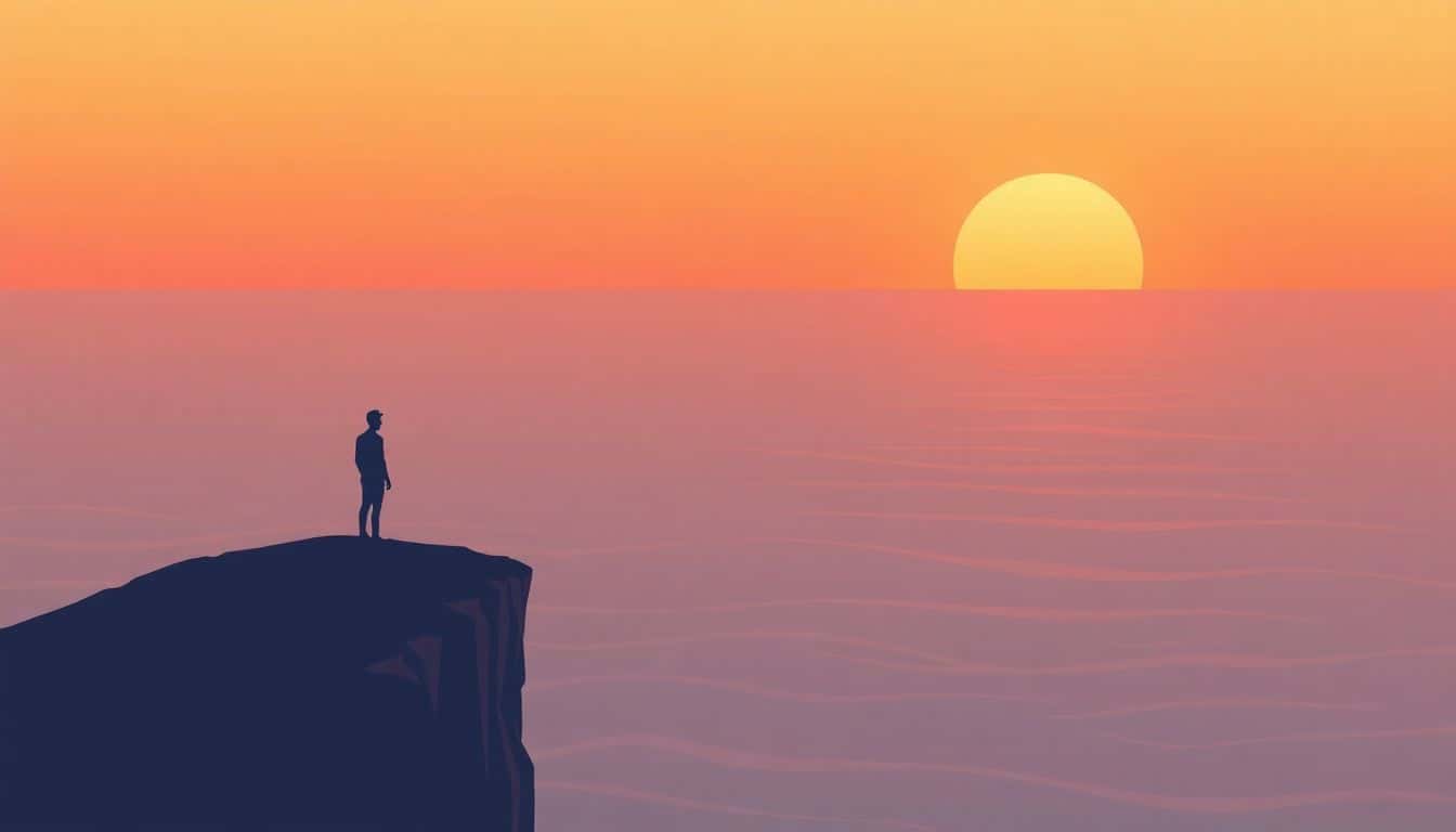 A lone figure stands on a cliff at sunset, overlooking a calm ocean with warm orange and pink hues in the sky, symbolizing hope. Soft waves flow below, representing the ebb and flow of emotions, while the figure looks contemplative yet strong, embodying resilience and personal growth.
