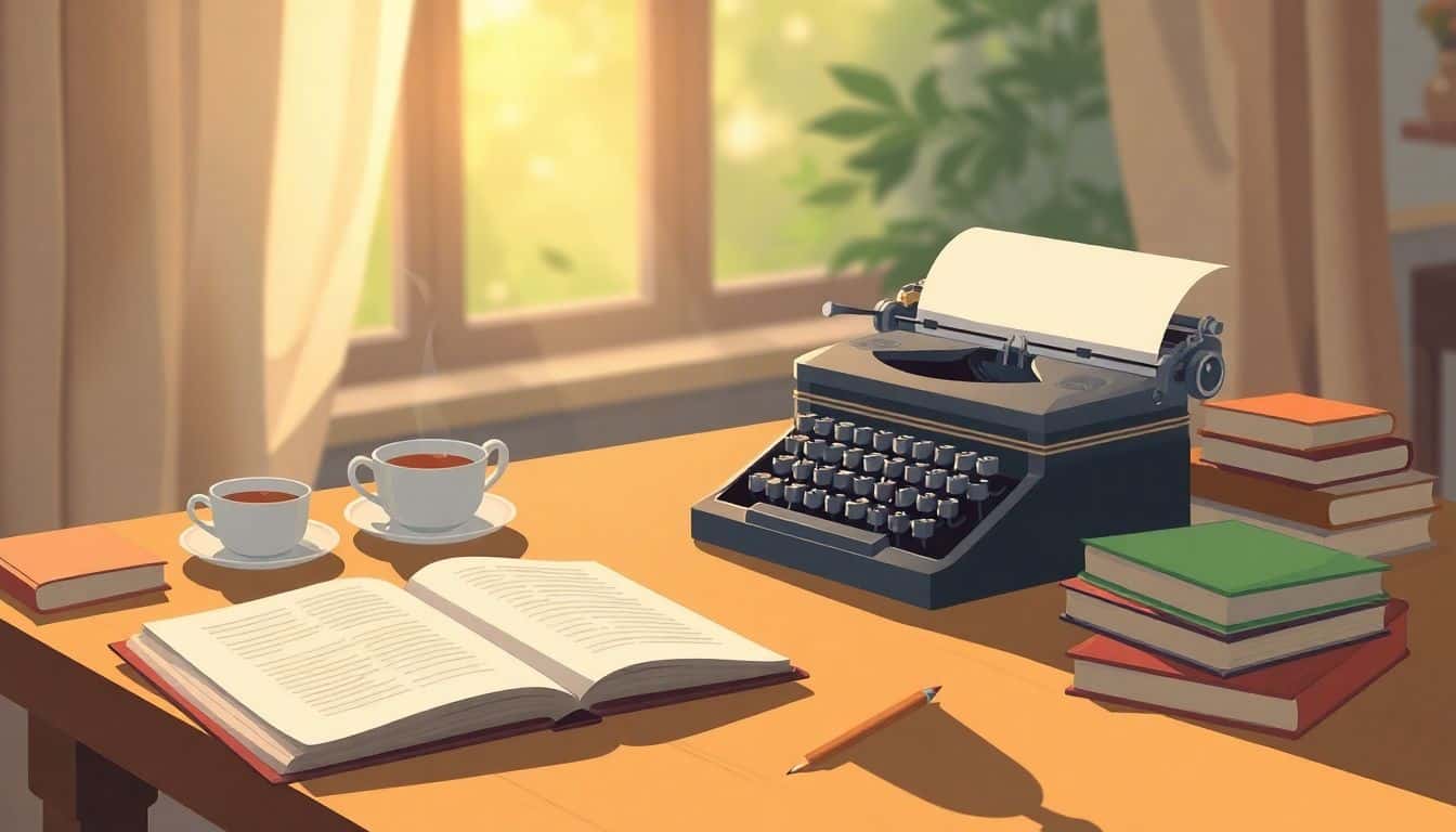 Cozy desk scene with an open notebook, vintage typewriter, steaming cup of tea, and a stack of books, illuminated by soft light, with a blurred window and swaying curtains in the background.