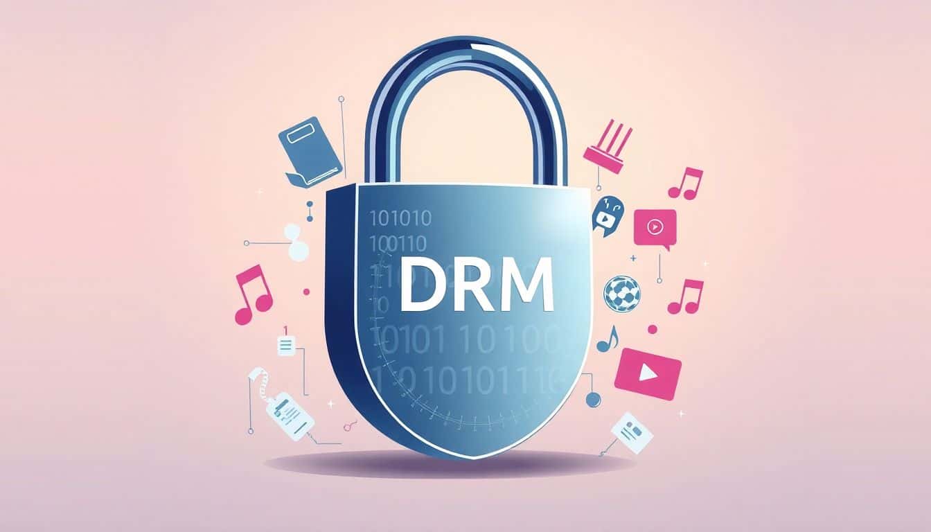 Illustration of a stylized padlock surrounded by digital elements like binary code and icons representing music, books, and videos, set against a soft, minimalist background with calming colors, symbolizing the protective nature of Digital Rights Management.