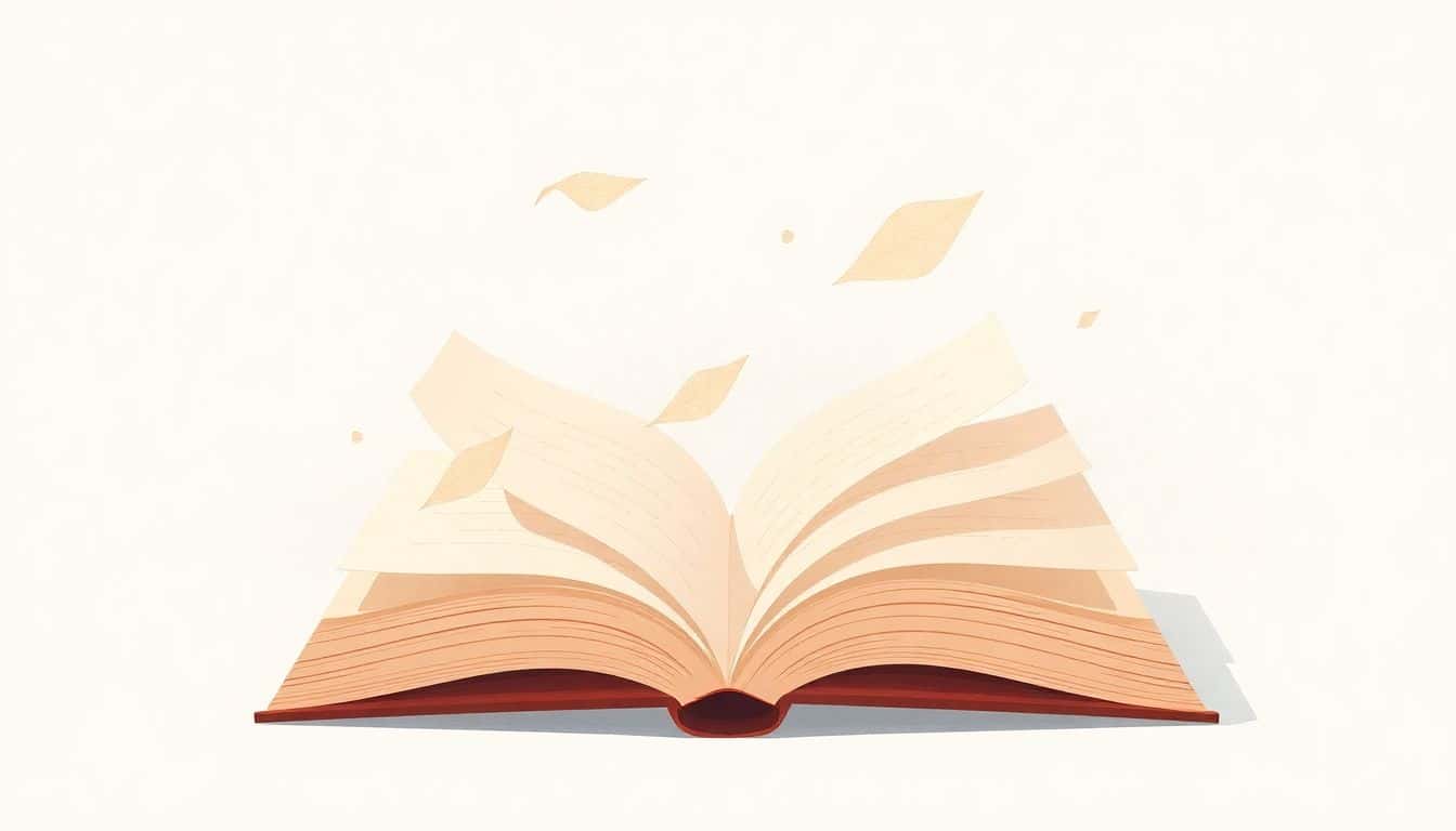 Open book with floating pages representing various stories, surrounded by a soft, abstract background of swirling ink and brush strokes in calming colors.