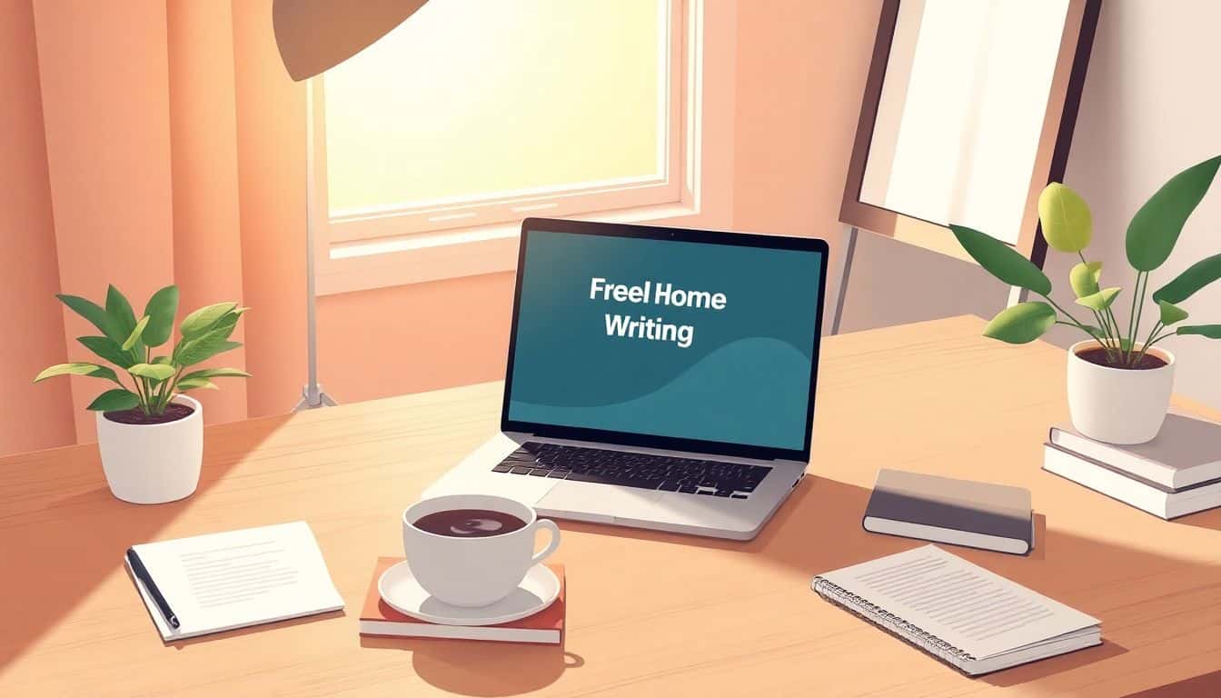 Cozy home office with a stylish desk, open laptop displaying a freelance writing platform, cup of coffee, potted plant, organized notebooks, and writing tools, illuminated by soft natural light from a window. Minimalist design with warm colors and clean lines.