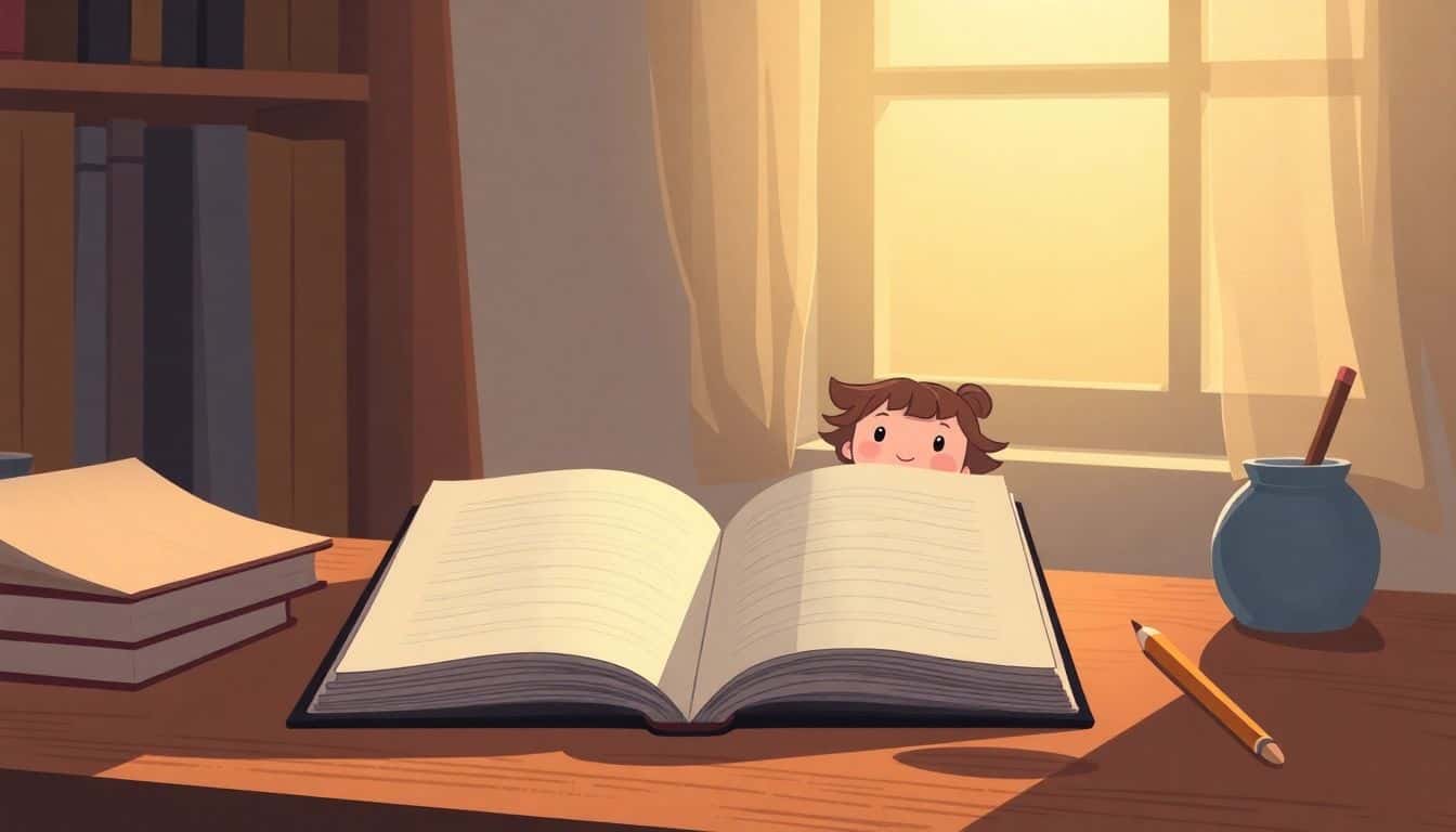 A cozy study with an open notebook and pencil, warm light filtering through a window, and a beautifully illustrated character peeking out from the notebook.