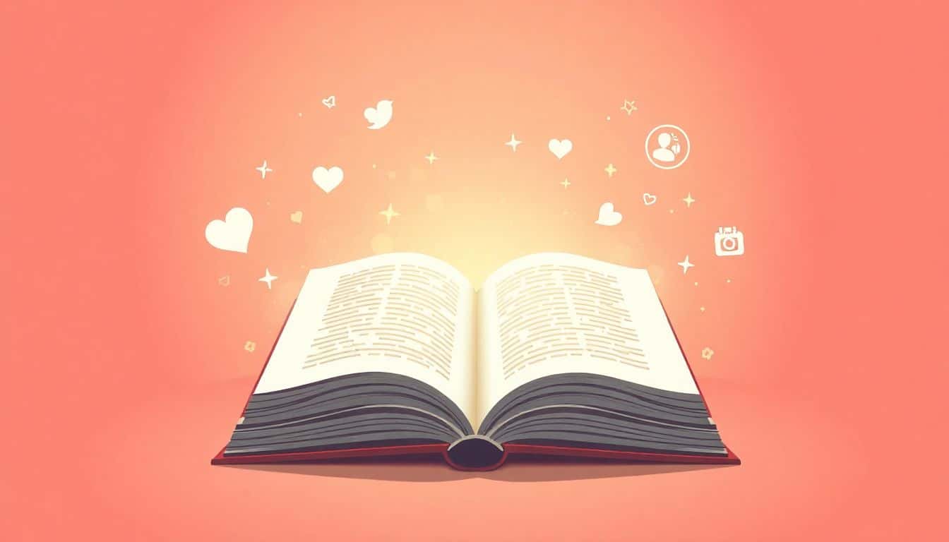 An open book with a soft glow, surrounded by ethereal symbols of social media and audience connection like speech bubbles, hearts, and stars, set against a warm, inviting background.