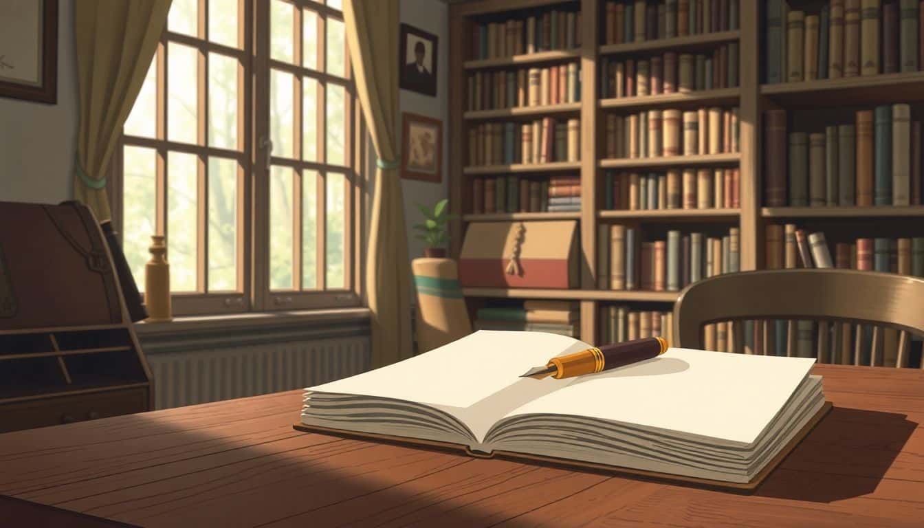 Open notebook and vintage fountain pen on a wooden desk, with soft natural light from a nearby window and a cozy bookshelf filled with classic novels in the background.