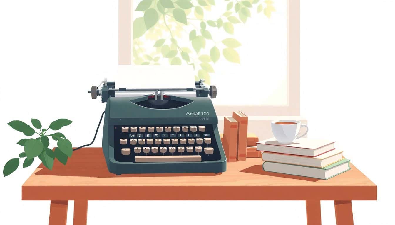 Minimalist illustration of a serene workspace featuring a vintage typewriter on a wooden desk, a steaming cup of tea, a small stack of encouraging books, and soft natural light, with a calming pastel background.
