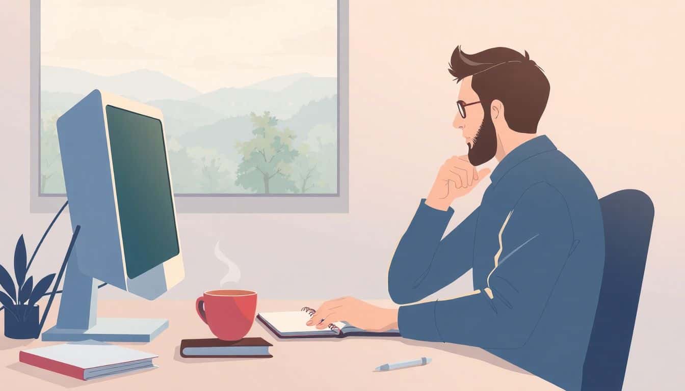 A writer sits at a minimalist desk, gazing at a blinking cursor on a computer screen, with a notebook, a steaming cup of coffee, and a tranquil outdoor view visible through a window. Soft colors and gentle lighting create a serene atmosphere.