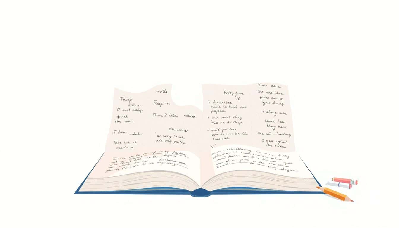 Illustration of a large, unfinished puzzle piece shaped like an open book, scattered with handwritten notes and editing marks, accompanied by a pencil and an editor's checklist, all in a calming pastel color palette.