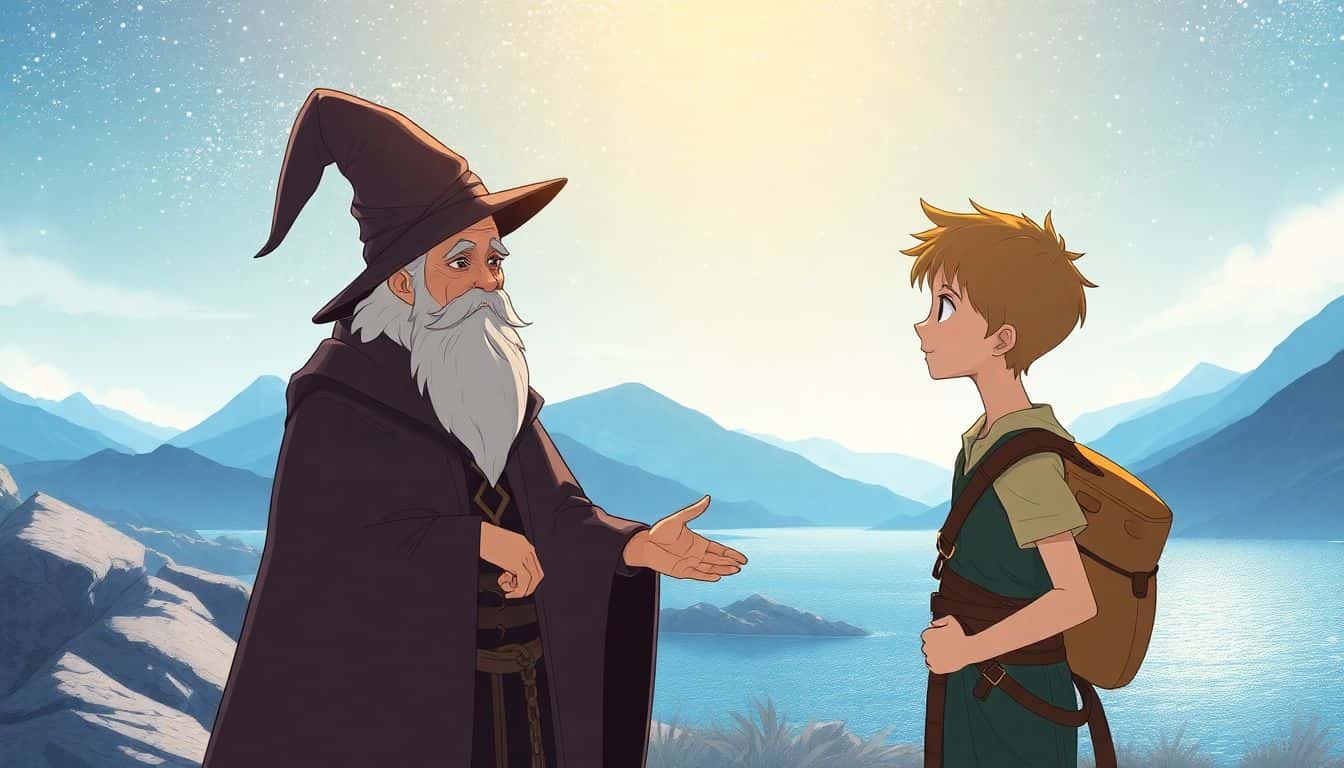 A wise old wizard and a curious young adventurer engage in conversation under a starry sky, with distant mountains and a shimmering lake in the background, illuminated by soft ethereal light.