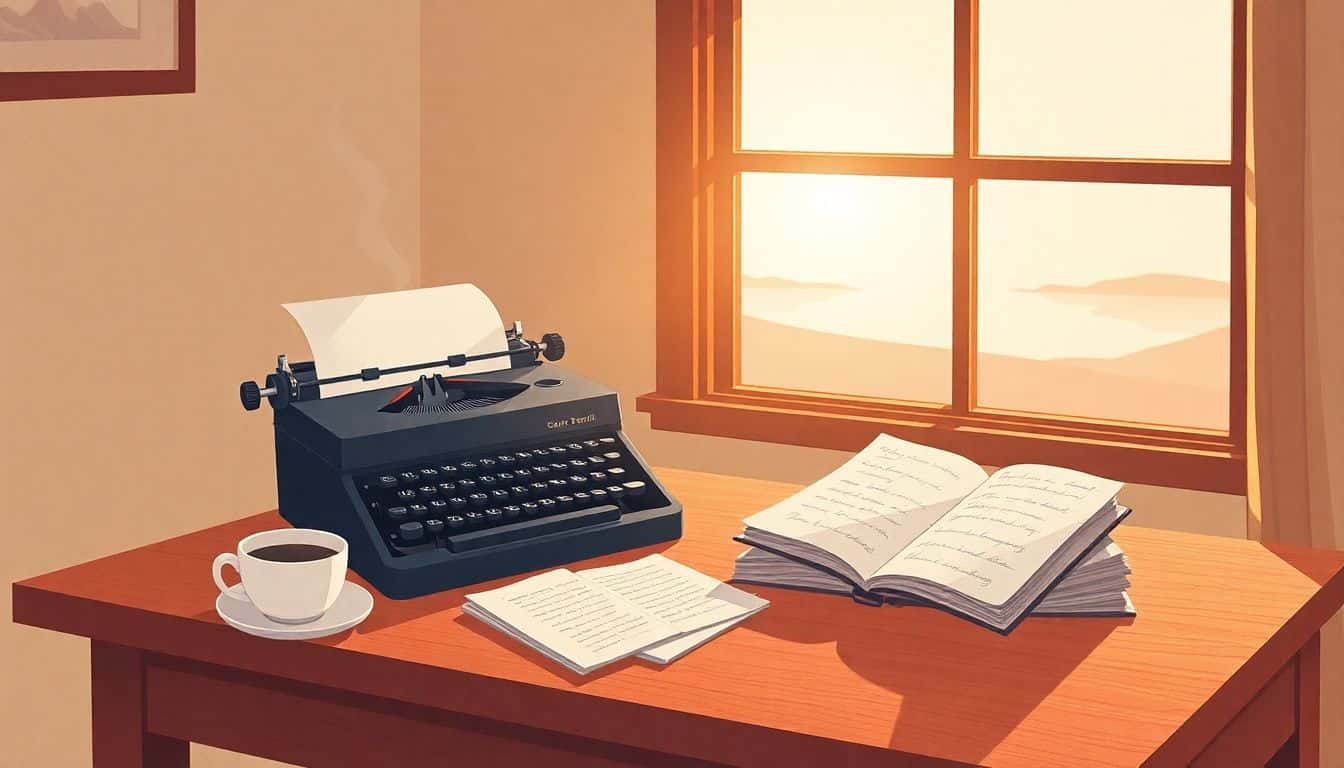 Cozy writer's desk with a classic typewriter, steaming cup of coffee, and an open notebook with handwritten notes, illuminated by soft sunlight from a nearby window, with a calm landscape silhouette in the background.
