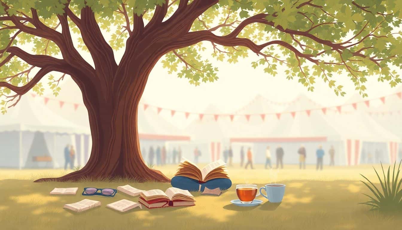 Illustration of a cozy reading nook under a large tree, surrounded by scattered books and a cup of tea, with blurred festival tents and banners in the background, featuring soft, warm colors.