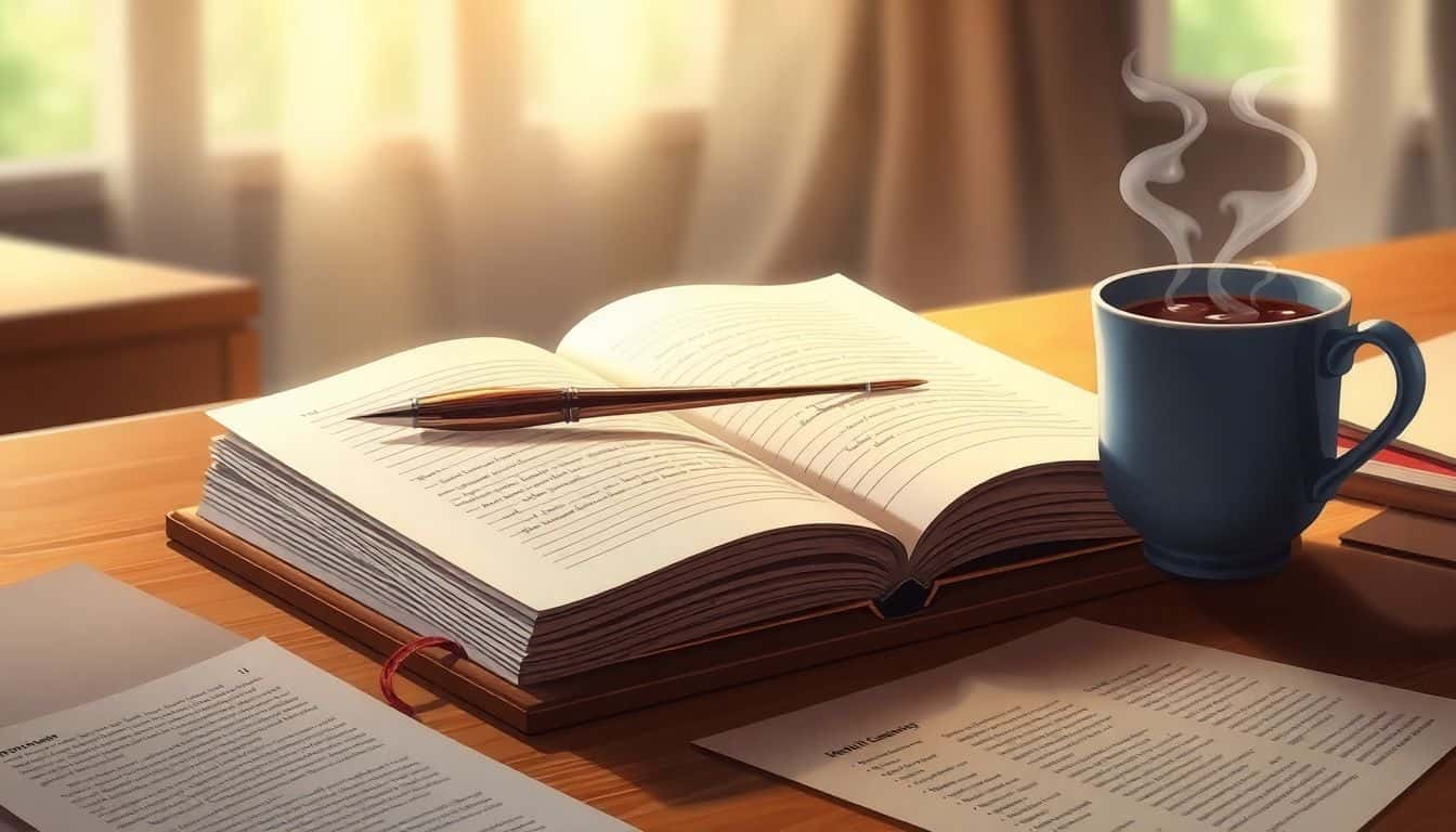 Illustration of a cozy writing desk scene with an open notebook and a quill pen, a steaming cup of tea beside it, and scattered pages hinting at writing ideas, all bathed in warm light.