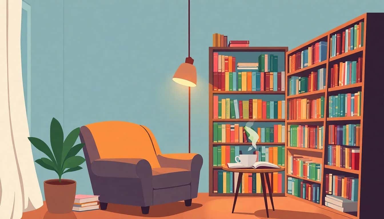 Cozy reading nook with a comfortable armchair, colorful bookshelves filled with books, warm lighting, a small table with a steaming cup of tea, and an open book.