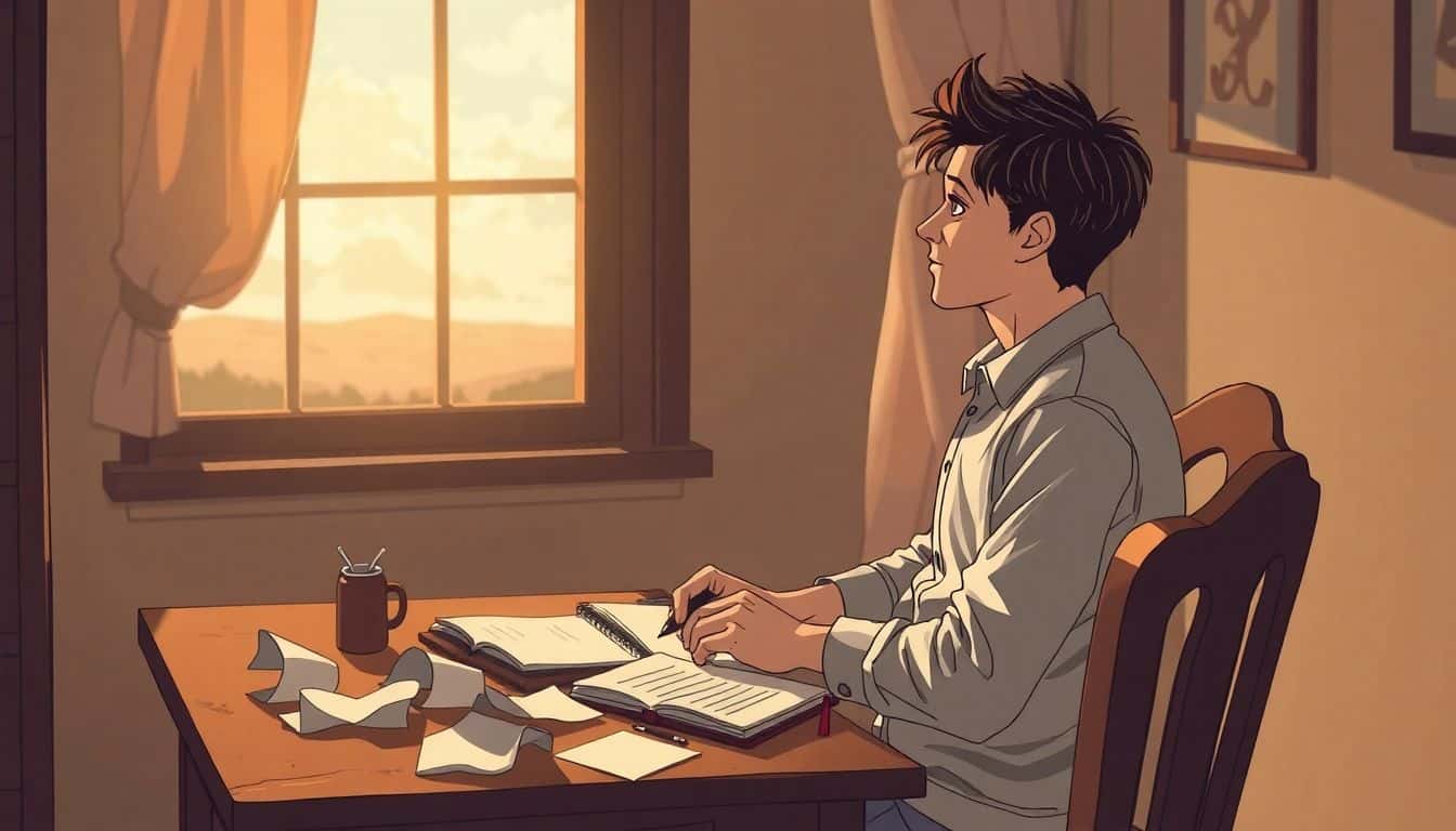 A solitary writer at a vintage desk, surrounded by crumpled papers and an open notebook, gazes thoughtfully out a window with a blurred, dreamy landscape, illuminated by soft, warm lighting.