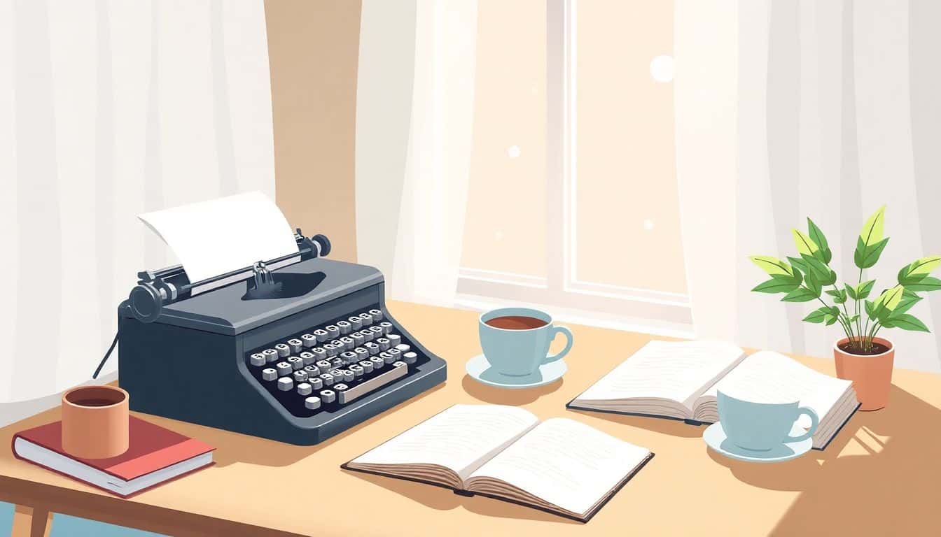A cozy writing desk with an open notebook, a vintage typewriter, a steaming cup of coffee, and a small potted plant, all bathed in soft natural light from a window with sheer curtains.