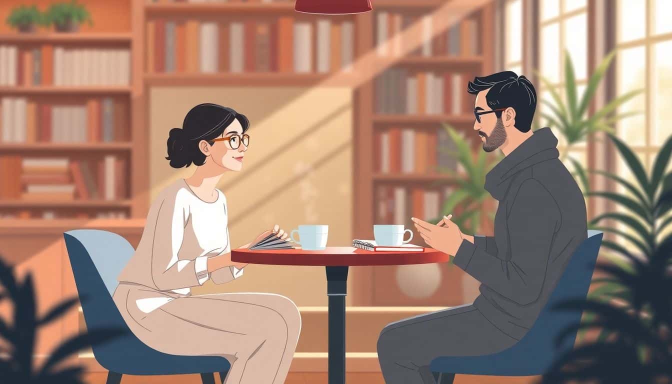 Two writers at a small round table in a cozy café, engaged in discussion with notebooks and coffee. Soft light filters through a window, creating a warm atmosphere, with blurred bookshelves and plants in the background.