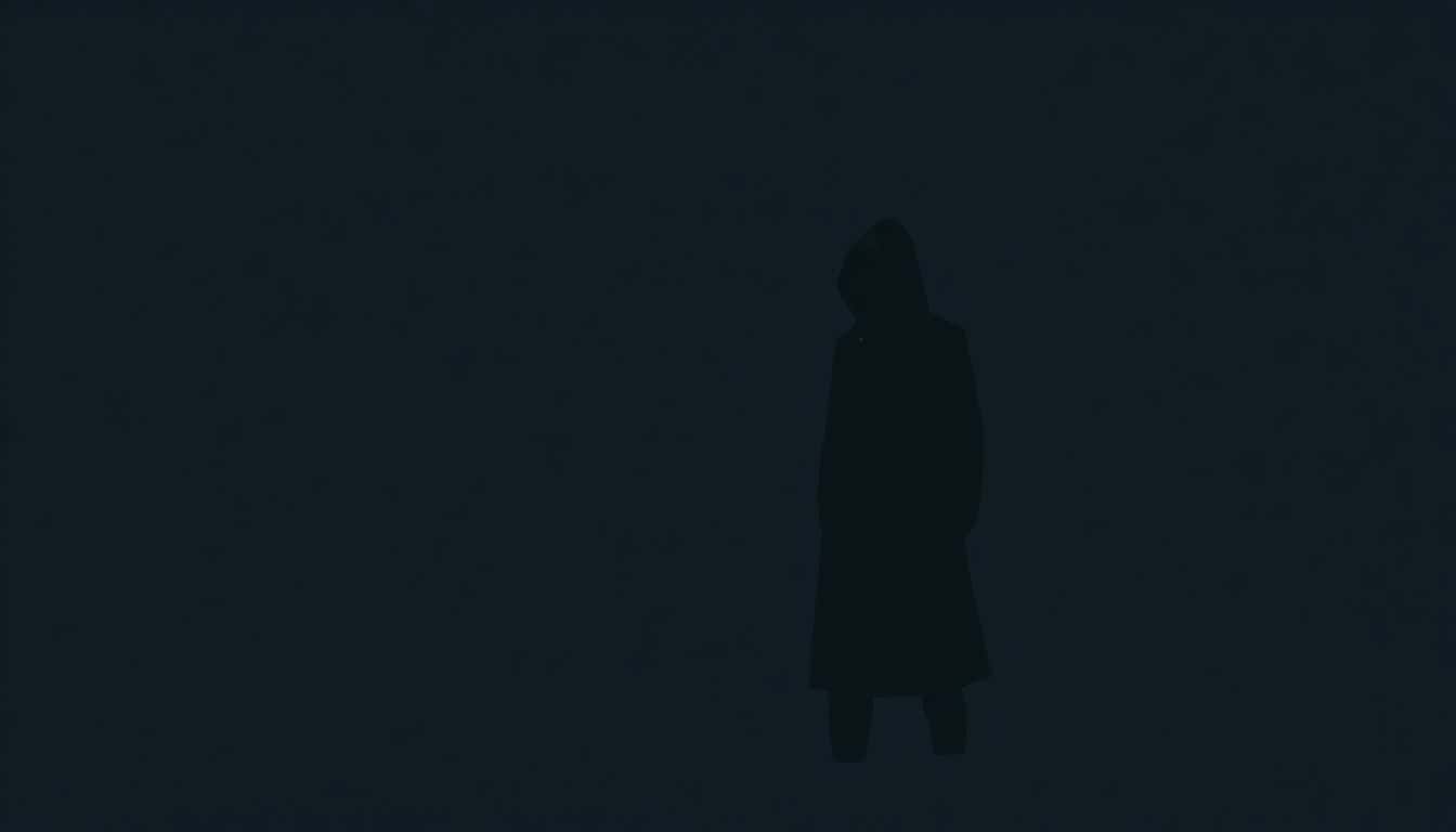 A solitary shadowy figure stands in a dimly lit environment, surrounded by minimal elements, evoking a sense of mystery and suspense.