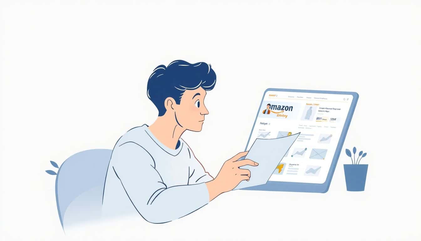 Minimalist illustration of a person analyzing a product listing, featuring soft colors and clean lines, with subtle Amazon elements, conveying a theme of discovery and focus on uncovering keywords.